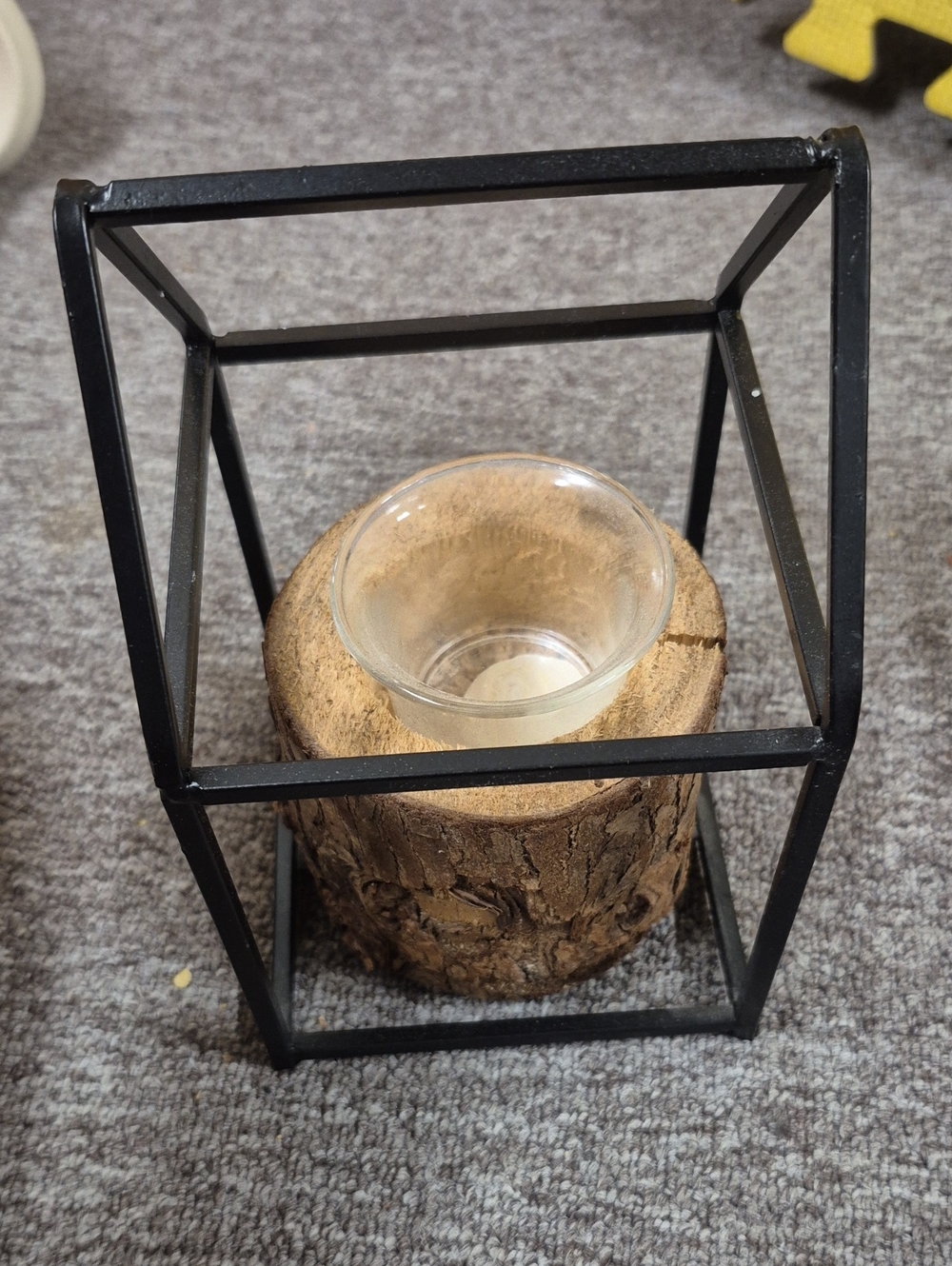 Geometric Black Metal Candle Holder with Wood Log Votive